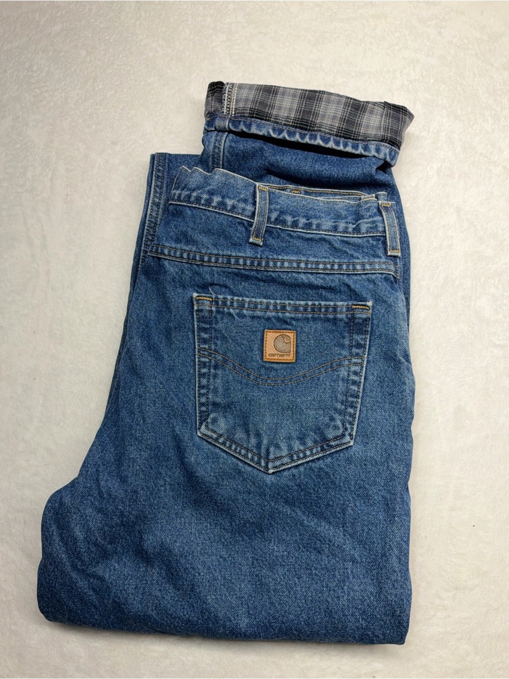 Carharrt Blue Denim Plaid Flannel Lined Jeans Size 38x30